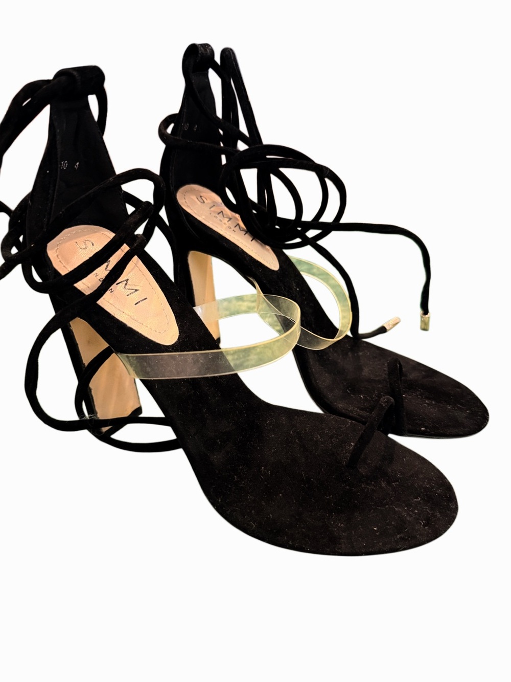 SIMMILondon Lace-Up Black Heeled Sandals with Clear Strap